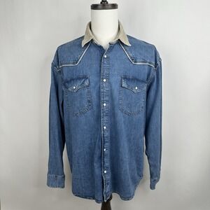 Men's GAP NWT Pearl Snap Denim Shirt XL Medium Wash Corduroy Collar Long Sleeve